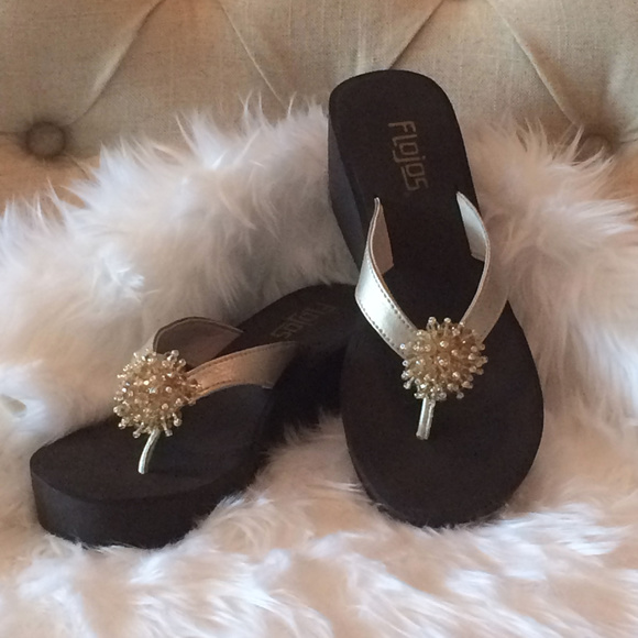Flojos Shoes - SOLD "Starburst" Champagne Flip Flop Wedge Sandal